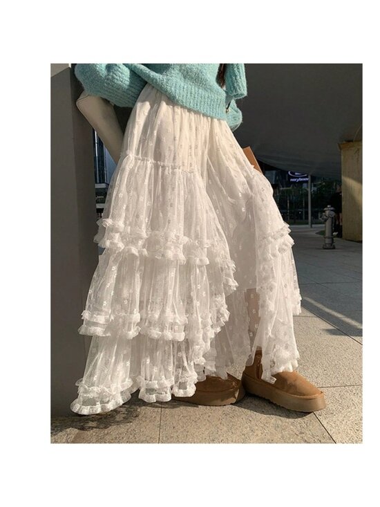 Dresses & Skirts - Boho Swiss Dot Lace Stretchy Waist Flared Ruffle Maxi Skirt